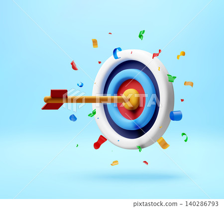 3D target with arrow hitting in falling confetti. 3D target with arrow hitting in falling confetti. 140286793