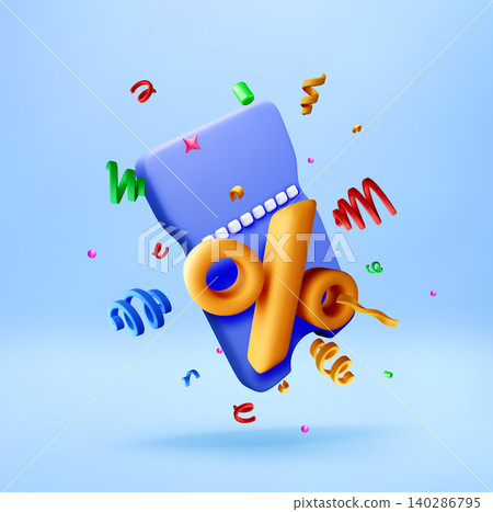 3d discount ticket with percent sign and confetti 3d discount ticket with percent sign and confetti 140286795