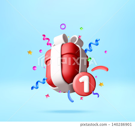 3D Red gift box with number one icon and confetti 3D Red gift box with number one icon and confetti 140286901