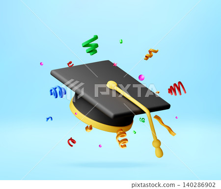 3D Graduation cap with colorful confetti 140286902