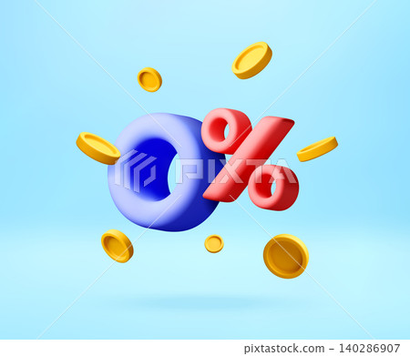 3D Percent sign and number zero with golden coins 3D Percent sign and number zero with golden coins 140286907