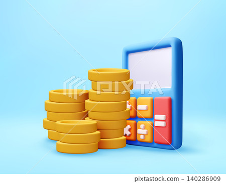 3D Calculator with stacks of gold coins 3D Calculator with stacks of gold coins 140286909