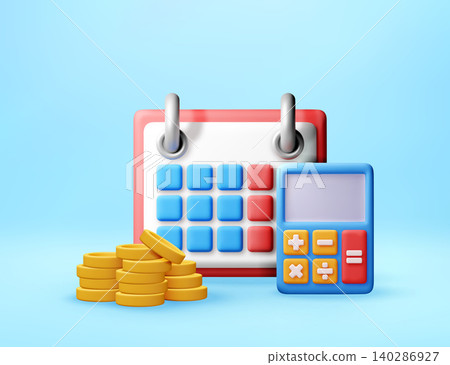 3D calendar with calculator and stack of coin 3D calendar with calculator and stack of coin 140286927