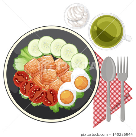 Salmon Salad Plate with Eggs, Vegetables, and Green Tea Salmon Salad Plate with Eggs, Vegetables, and Green Tea 140286944