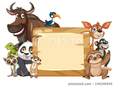 Cartoon Wild Animals Surrounding Blank Wooden Signboard Cartoon Wild Animals Surrounding Blank Wooden Signboard 140286949