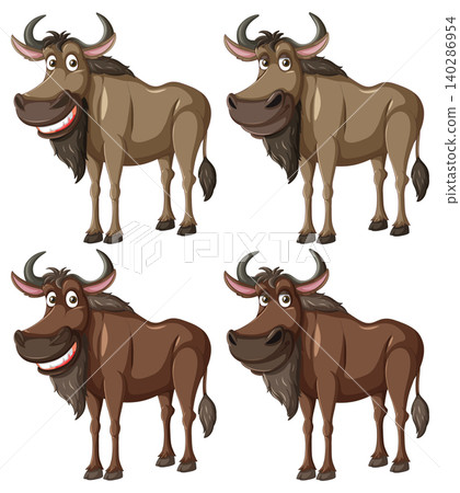 Cartoon Wildebeest Characters with Varied Expressions on White Cartoon Wildebeest Characters with Varied Expressions on White 140286954