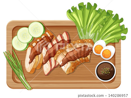 Sliced Chicken Breast with Vegetables and Eggs on Wooden Board 140286957