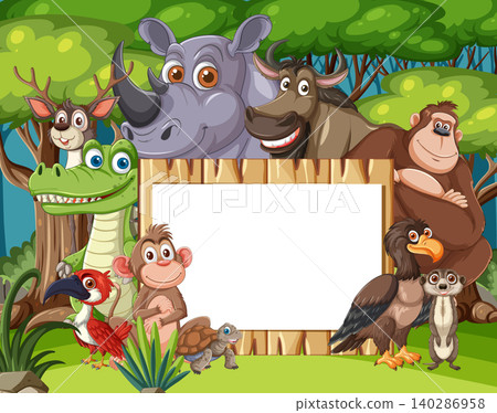 Cartoon Jungle Animals Surrounding Wooden Blank Sign in Forest Cartoon Jungle Animals Surrounding Wooden Blank Sign in Forest 140286958