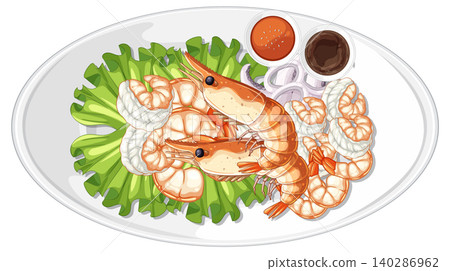 Shrimp Platter with Lettuce and Dipping Sauces Illustration Shrimp Platter with Lettuce and Dipping Sauces Illustration 140286962
