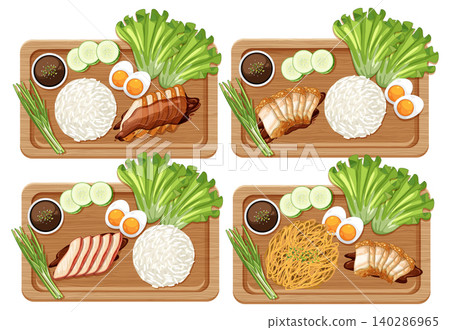 Asian Grilled Meat and Noodle Bento Sets on Wooden Trays 140286965