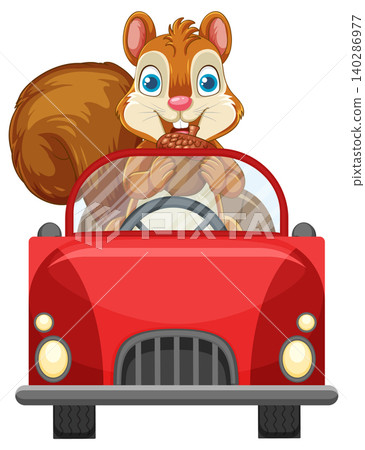 Cartoon Squirrel Driving Red Convertible Car Cartoon Squirrel Driving Red Convertible Car 140286977