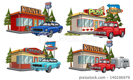 Classic Cars Parked at Retro Route 66 Diners Classic Cars Parked at Retro Route 66 Diners 140286979
