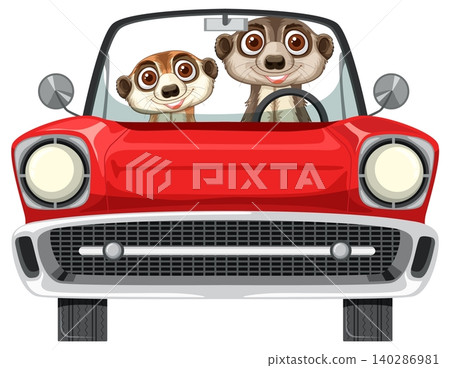 Two Meerkats Driving Red Convertible Car Front View Two Meerkats Driving Red Convertible Car Front View 140286981