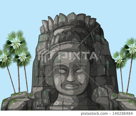 Ancient Stone Face with Palm Trees Illustration 140286984