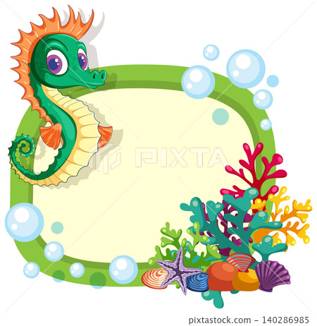 Cartoon Seahorse with Coral Reef Border and Bubbles Cartoon Seahorse with Coral Reef Border and Bubbles 140286985