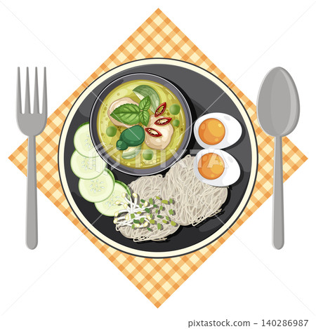 Thai Green Curry Noodle Bowl with Eggs and Vegetables Thai Green Curry Noodle Bowl with Eggs and Vegetables 140286987