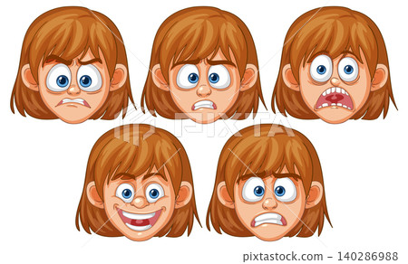 Cartoon Girl Expressing Five Different Emotional Facial Expressions Cartoon Girl Expressing Five Different Emotional Facial Expressions 140286988
