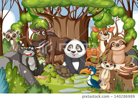 Cartoon Wild Animals Gathering in Forest Clearing Cartoon Wild Animals Gathering in Forest Clearing 140286989