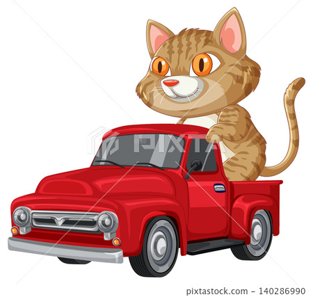 Cartoon Tabby Cat Riding in Red Pickup Truck 140286990