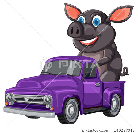 Cartoon Pig Driving a Purple Vintage Pickup Truck Cartoon Pig Driving a Purple Vintage Pickup Truck 140287013