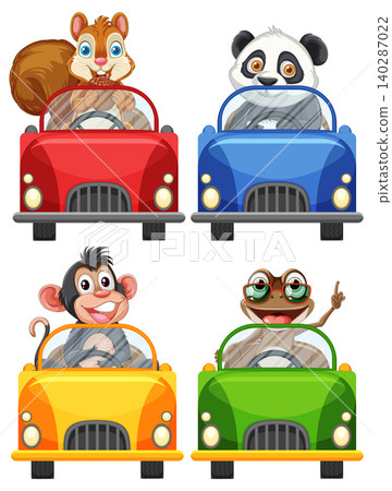 Cartoon Animals Driving Colorful Cars Front View Illustration Cartoon Animals Driving Colorful Cars Front View Illustration 140287022