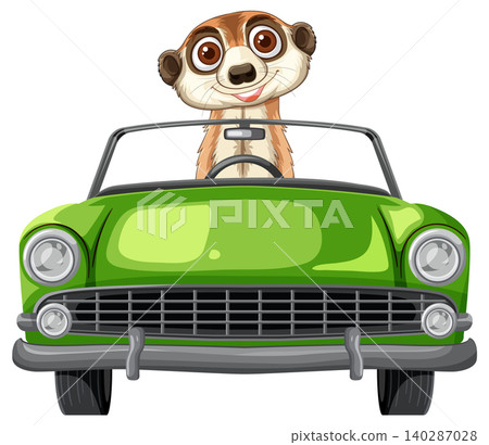 Cartoon Meerkat Driving Green Convertible Car Front View Cartoon Meerkat Driving Green Convertible Car Front View 140287028