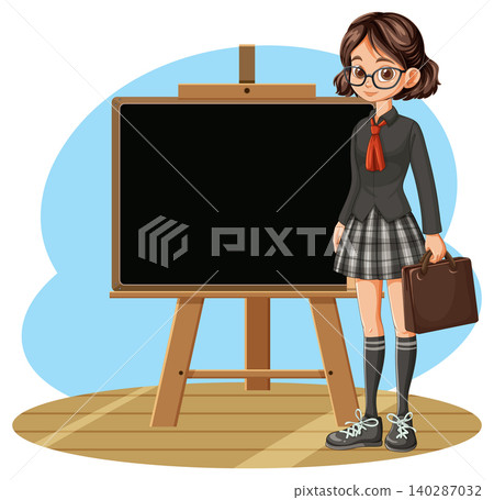 Schoolgirl Standing Beside Blank Blackboard on Easel 140287032