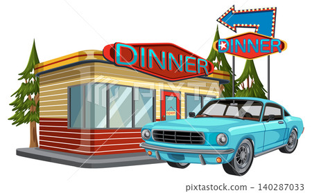 Classic Blue Car Parked Outside Retro Diner Classic Blue Car Parked Outside Retro Diner 140287033