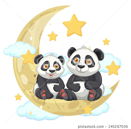 Two Cute Pandas Sitting on Crescent Moon with Stars Two Cute Pandas Sitting on Crescent Moon with Stars 140287036