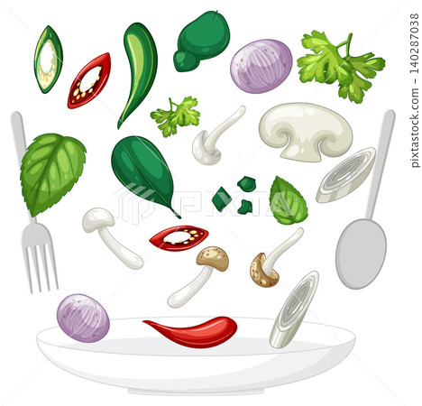 Fresh Vegetables and Herbs Floating Above Plate Illustration Fresh Vegetables and Herbs Floating Above Plate Illustration 140287038