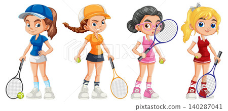 Four Young Girls Ready for Tennis Match Vector Illustration Four Young Girls Ready for Tennis Match Vector Illustration 140287041