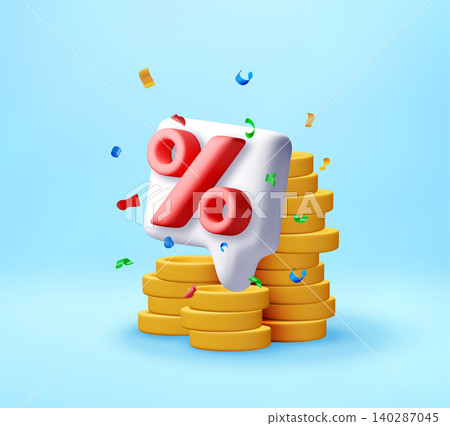 3D percentage sign on stack of coins with confetti 140287045