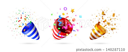 3D party popper icons with colorful confetti 140287110