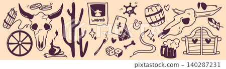 Doodle set of western cowboy and saloon elements Doodle set of western cowboy and saloon elements 140287231