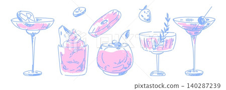 Tropical drinks collection in doodle sketch style 140287239