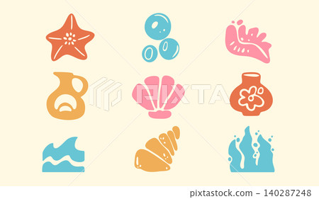 Abstract boho simple shape icons with sea elements Abstract boho simple shape icons with sea elements 140287248
