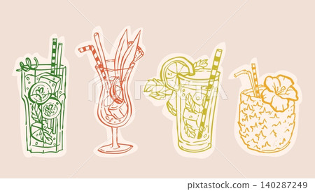 Tropical drinks collection in doodle sketch style 140287249