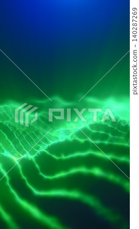 Abstract green digital landscape with glowing wave lines and misty energy flowing across a futuristic horizon. 140287269