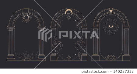 Celestial arch frames set with mystic moon, sun 140287332