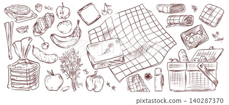 Sketch set of summer park breakfast, picnic basket Sketch set of summer park breakfast, picnic basket 140287370