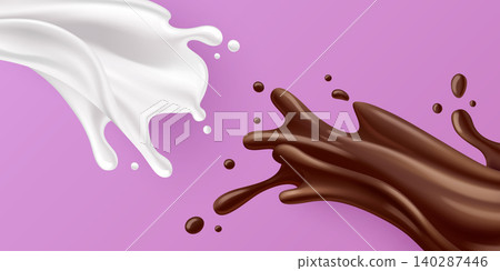 Milk and chocolate splashes on pink background 140287446
