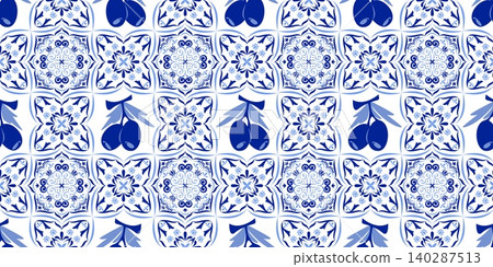 Greek tile mosaic with blue geometric pattern 140287513