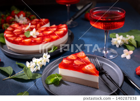 Delicious strawberry cheesecake with jello and fresh mint 140287838