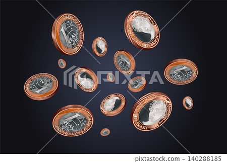 Vector illustration of Brazilian currency, featuring a collection of flying and falling bimetallic 1 real coins. Realistic detailed coins showing the Effigy of the Republic and Brasil symbols floating Vector illustration of Brazilian currency, featuring a collection of flying and falling bimetallic 1 real coins. Realistic detailed coins showing the Effigy of the Republic and Brasil symbols floating 140288185