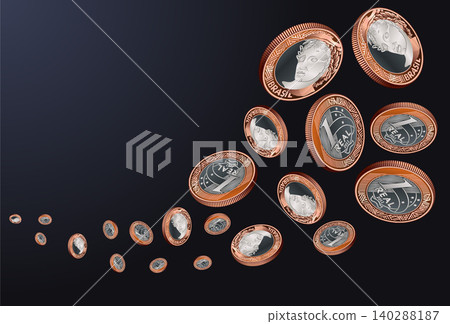 Vector illustration of Brazilian currency, featuring a wave of flying bimetallic 1 real coins. Realistic detailed coins showing the Effigy of the Republic and Brasil symbols floating on a dark blue an Vector illustration of Brazilian currency, featuring a wave of flying bimetallic 1 real coins. Realistic detailed coins showing the Effigy of the Republic and Brasil symbols floating on a dark blue an 140288187