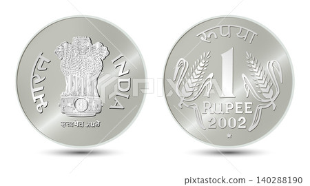 Vector illustration of an Indian one rupee coin from 2002, showing both obverse and reverse sides. Detailed silver metallic coin design featuring the Lion Capital of Ashoka emblem, text in Hindi and E Vector illustration of an Indian one rupee coin from 2002, showing both obverse and reverse sides. Detailed silver metallic coin design featuring the Lion Capital of Ashoka emblem, text in Hindi and E 140288190