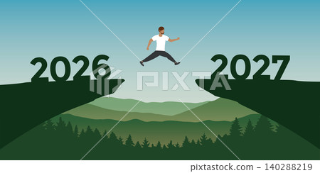 man jumping over a cliff from 2026 to 2027 vector illustration 140288219