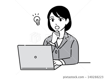 一位身穿職業套裝的年輕女子，一手托著下巴，坐在電腦前思考著什麼。 （上班族） 140288223
