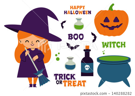 Cute stickers set for Halloween. witch, bats cauldron jack lantern pumpkins, lettering. vector illustration Cute stickers set for Halloween. witch, bats cauldron jack lantern pumpkins, lettering. vector illustration 140288282