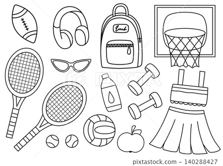 Hand drawn set of sports-themed objects and attributes Hand drawn set of sports-themed objects and attributes 140288427